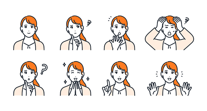 young woman in suit expression icons illustration set