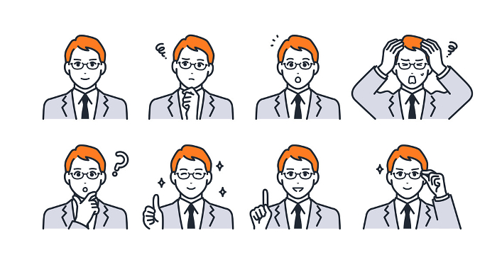 Clip art image set of facial expression icons of young man wearing glasses