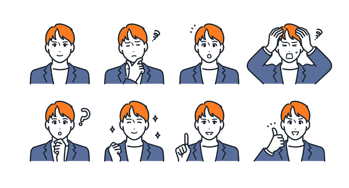 young man in casual suit expression icons illustration set