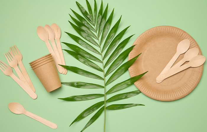 Paper plates and cups, wooden spoons and forks on a green background, top view Paper plates and cups, wooden spoons and forks on a green background, top view