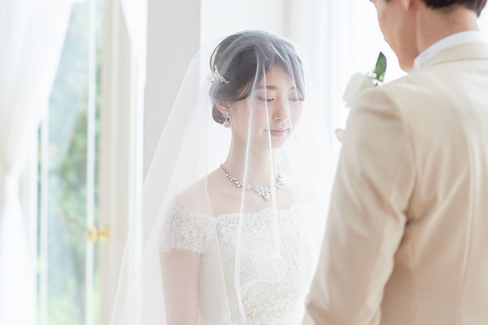Japanese bride and groom facing each other