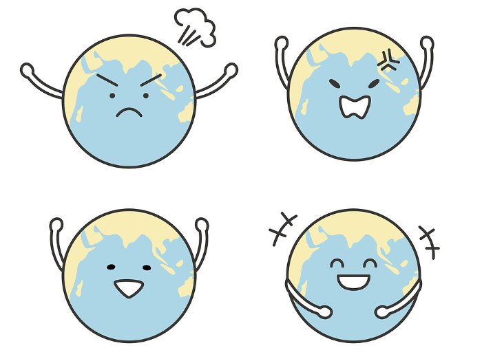 Earth characters with angry and smiling faces
