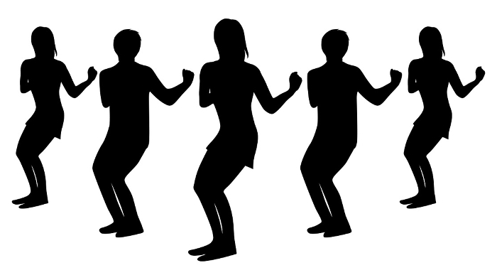 Silhouettes of five men and five women dancing with arms waving sideways