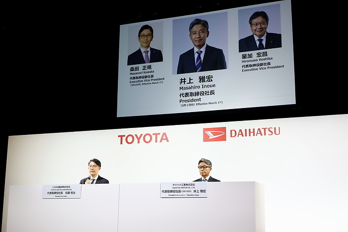 Daihatsu revamps management structure  Toyota s Inoue to be new president On February 13, Daihatsu Motor Co. held a press conference together with its parent company Toyota Motor Corp. to announce a new management structure in response to the vehicle certification test fraud issue. Photo shows  from left  Toyota Motor Corporation President Tsuneji Sato and incoming Daihatsu Motor President Masahiro Inoue on February 13, 2024 in Chuo ku, Tokyo.