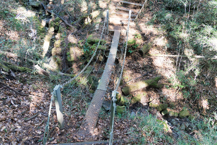 Temporary bridge in a mountain forest made of scaffolding boards