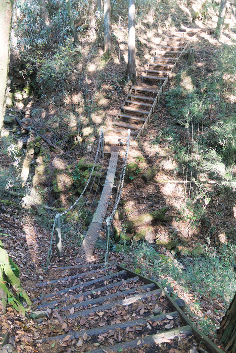 Temporary bridge in a mountain forest made of scaffolding boards