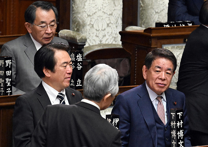 Plenary Session of the Diet, House of Representatives Hirofumi Shimomura  right  of the Liberal Democratic Party of Japan attends a plenary session of the House of Representatives. At the back left is Mr. Tate Shiotani, photographed at 0:59 p.m. on February 15, 2024 in the National Diet, by Mikiharu Takeuchi.