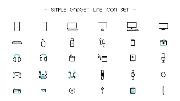 Simple line icon set (blue) featuring various gadgets