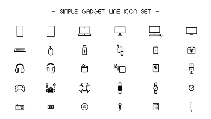 Simple line icon set featuring various gadgets