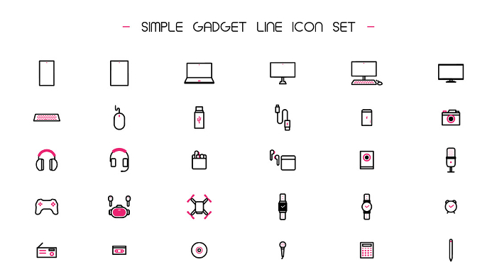 Simple line icon set (red) featuring various gadgets