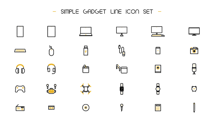 Simple line icon set (yellow) featuring various gadgets