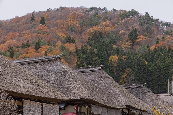 Townscape and autumn leaves of Ouchi-juku in Oaza-Ouchi, Shimogo-machi, Minamiaizu-gun, Fukushima Prefecture, Japan