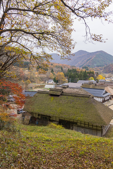 Townscape and autumn leaves of Ouchi-juku seen from the overlook in Oaza-Ouchi, Shimogo-machi, Minamiaizu-gun, Fukushima Prefecture, Japan