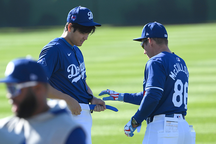 2024 MLB Camp February 16, 2024 Dodgers Camp Day 8 Shohei Ohtani  left  talks with Coach Clayton McCullough  right  Location Camelback Ranch, Arizona