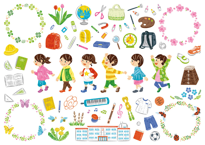 Elementary school students walking with friends School life stationery and tools Spring plants illustration set