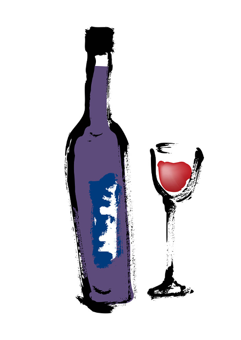 Hand-drawn illustration of wine and bottle