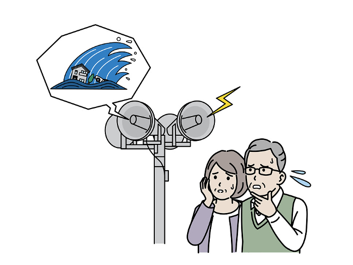 Illustration of an elderly couple startled by the siren of a large tsunami warning