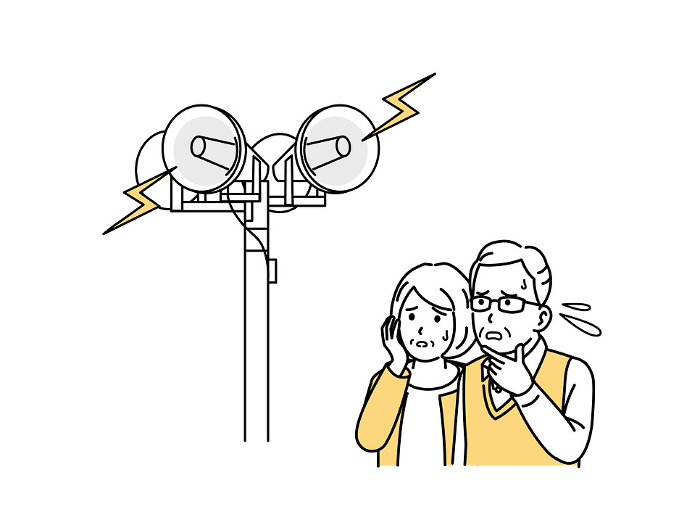 Illustration of an elderly couple startled by the siren of a disaster prevention administrative radio