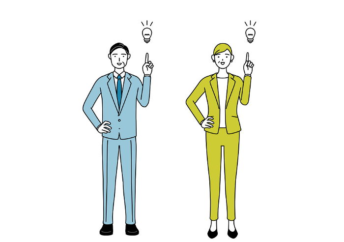 Simple line drawing illustration of a man in a suit and a woman (senior, executive, manager) coming up with an idea