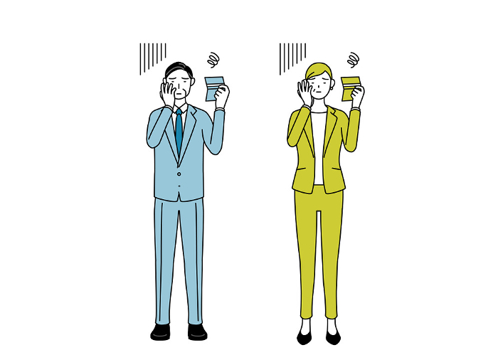 Simple line drawing illustration of a man in a suit and a woman (senior, executive, manager) looking at a bankbook and feeling depressed.