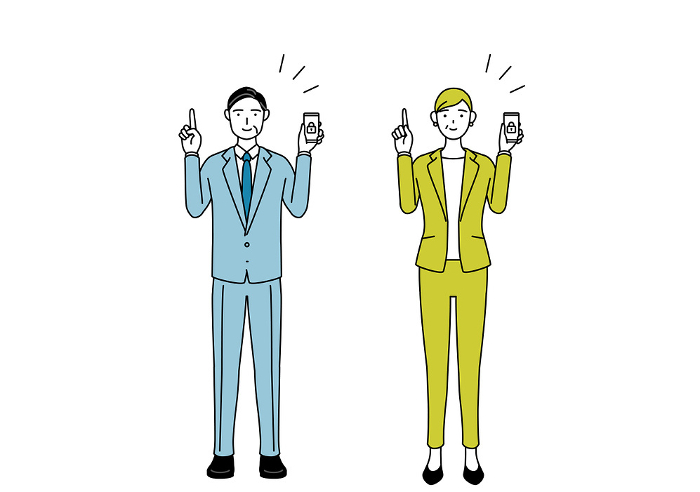 Simple line drawing illustration of a man in a suit and a woman (senior, executive, manager) taking security measures for a cell phone.