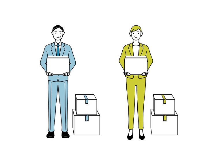 Simple line drawing illustration of a man in a suit holding a cardboard box and a woman (senior, executive, manager)