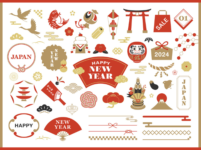 Simple New Year's icons / Japanese style decorations and frames