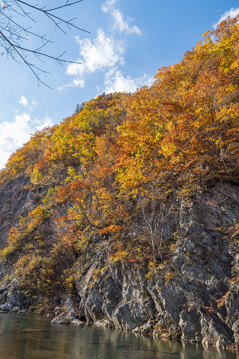Kappa-fuchi and autumn leaves along the Toyohira River in Jozankei, Minami-ku, Sapporo, Hokkaido, Japan
