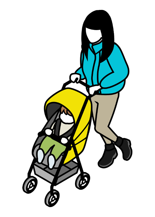Woman pushing a stroller - isometric figure line drawing winter clothes