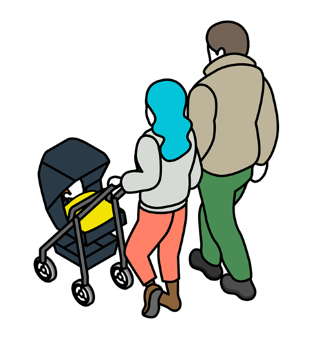 A couple pushing a stroller in the back - isometric figure line drawing winter clothes
