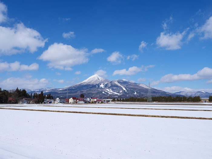 Blue winter sky and Bandai-san View from Inawashiro town, Fukushima