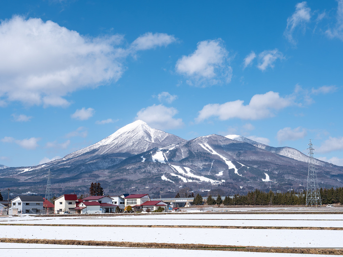 Blue winter sky and Bandai-san View from Inawashiro town, Fukushima