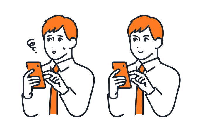 Simple vector illustration of a young businessman operating a smartphone.