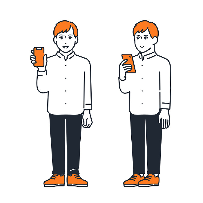 Simple vector illustration of a young man holding a smartphone.