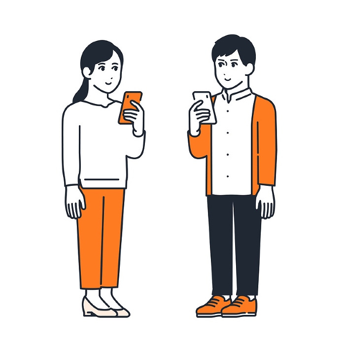 Simple vector illustration of a young couple holding a smartphone.