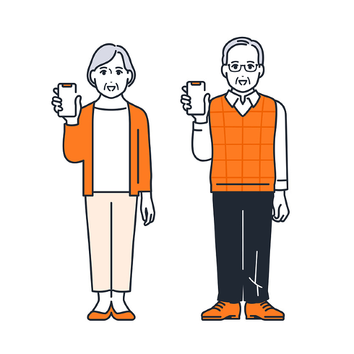 Simple vector illustration of a senior couple showing a smartphone screen.