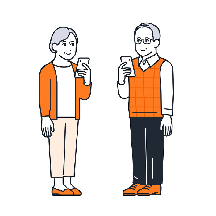 Simple vector illustration of a senior couple holding a smartphone.