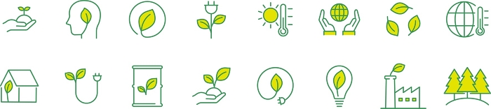 Set of color line drawing icons related to environment and clean energy