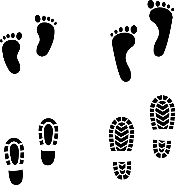 Silhouette set of bare feet and shoes for adults and children