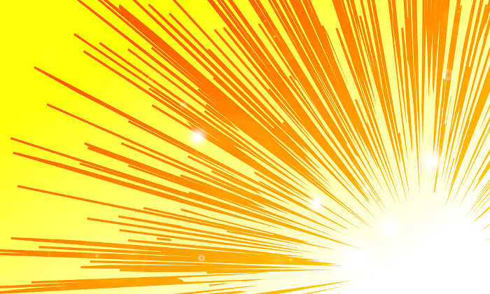 Effect lines (concentrated lines from lower right & yellow background and flares -)