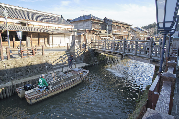 Photo taken in 2024, Sawara, Japan: Hui Bridge  Jar Jar Bridge  and boats. February 2024 Katori City, Chiba Prefecture