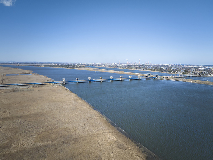Tone River estuary weir  Tone River Bridge , photographed in 2024 February 2024 Tojo Town, Chiba Prefecture