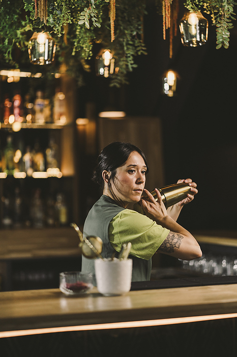 Bartender holding cocktail shaker and making drink in bar