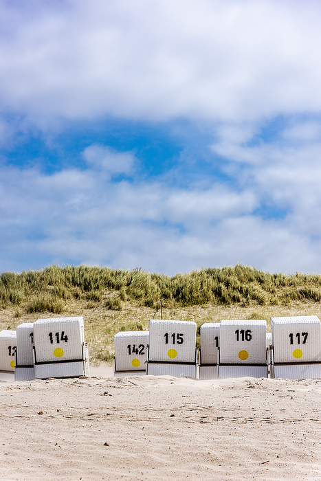 Sylt Germany, Schleswig Holstein, Numbered hooded beach chairs on Sylt island