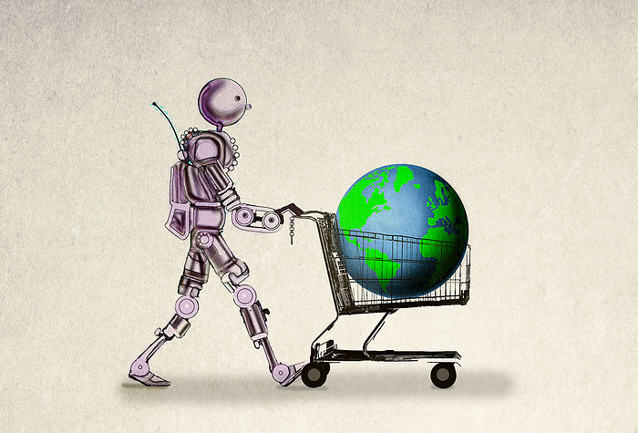 Robot pushing planet earth in shopping cart against beige background
