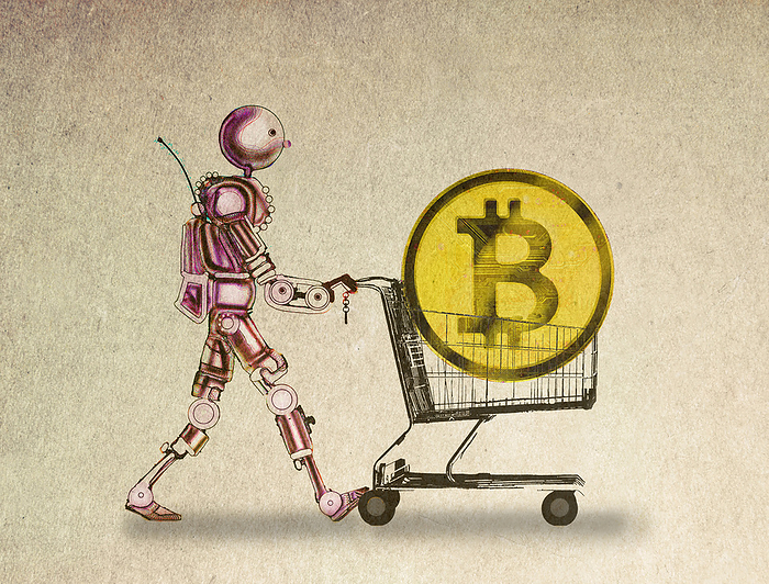 Robot pushing bitcoin in shopping cart against beige background
