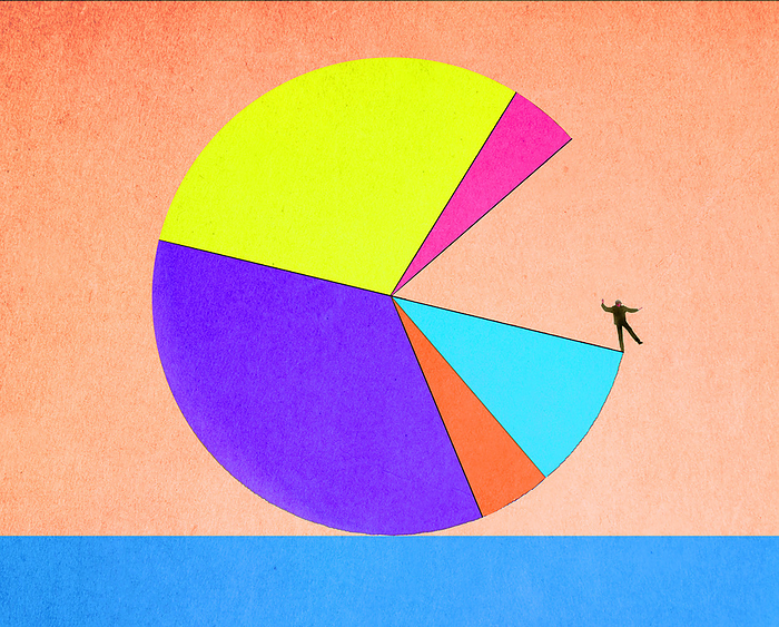 Business person balancing on open section of pie chart