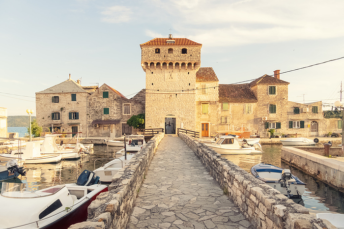 Croatia, Split-Dalmatia County, Kastel Gomilica, Marina and entrance of Kastilac monastery