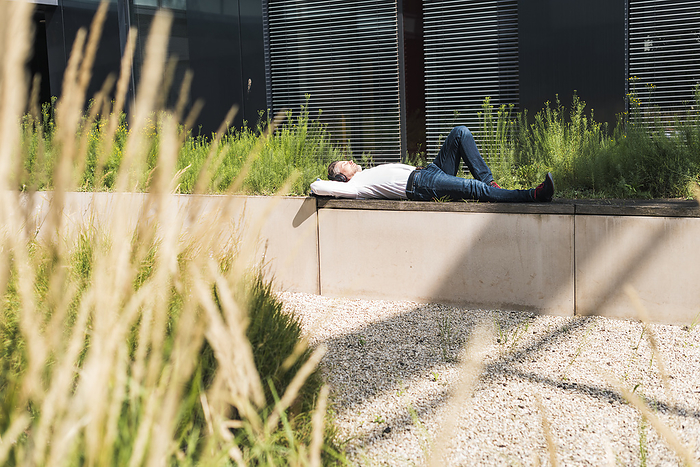 Businessman relaxing near plants on sunny day