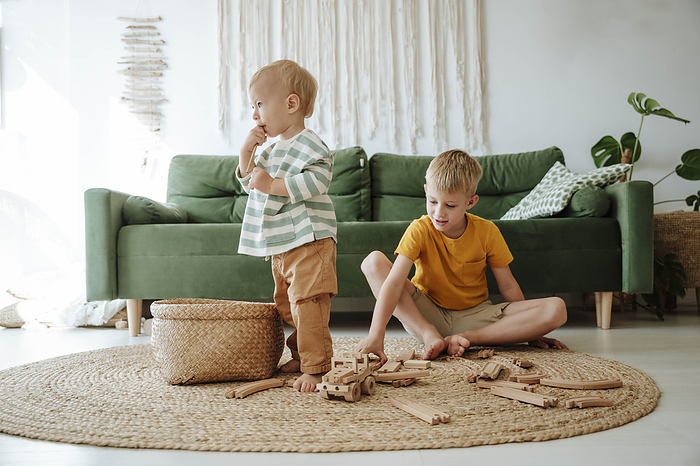 Two brothers playing with wooden train set in living room at home